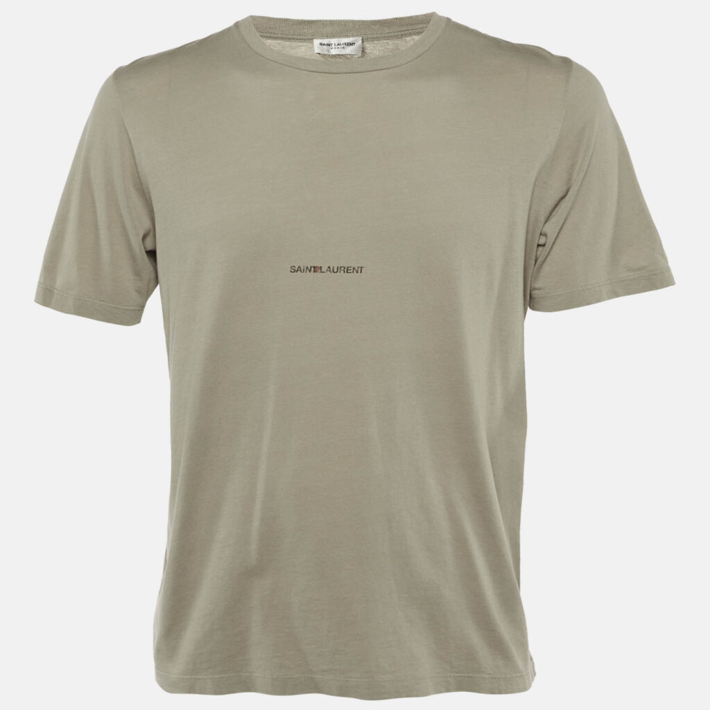 luxury-men-saint-laurent-paris-used-clothes-p1240810-005.jpg Saint Laurent Paris Olive Green Logo Printed Cotton Crew Neck T-Shirt S
