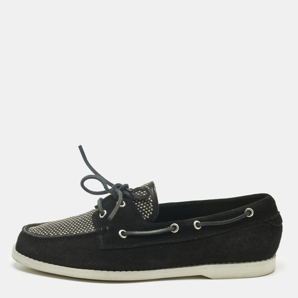 Saint Laurent Black Leather and Suede Studded Deck Loafers Size 43 Saint Laurent Black Leather and Suede Studded Deck Loafers Size 43