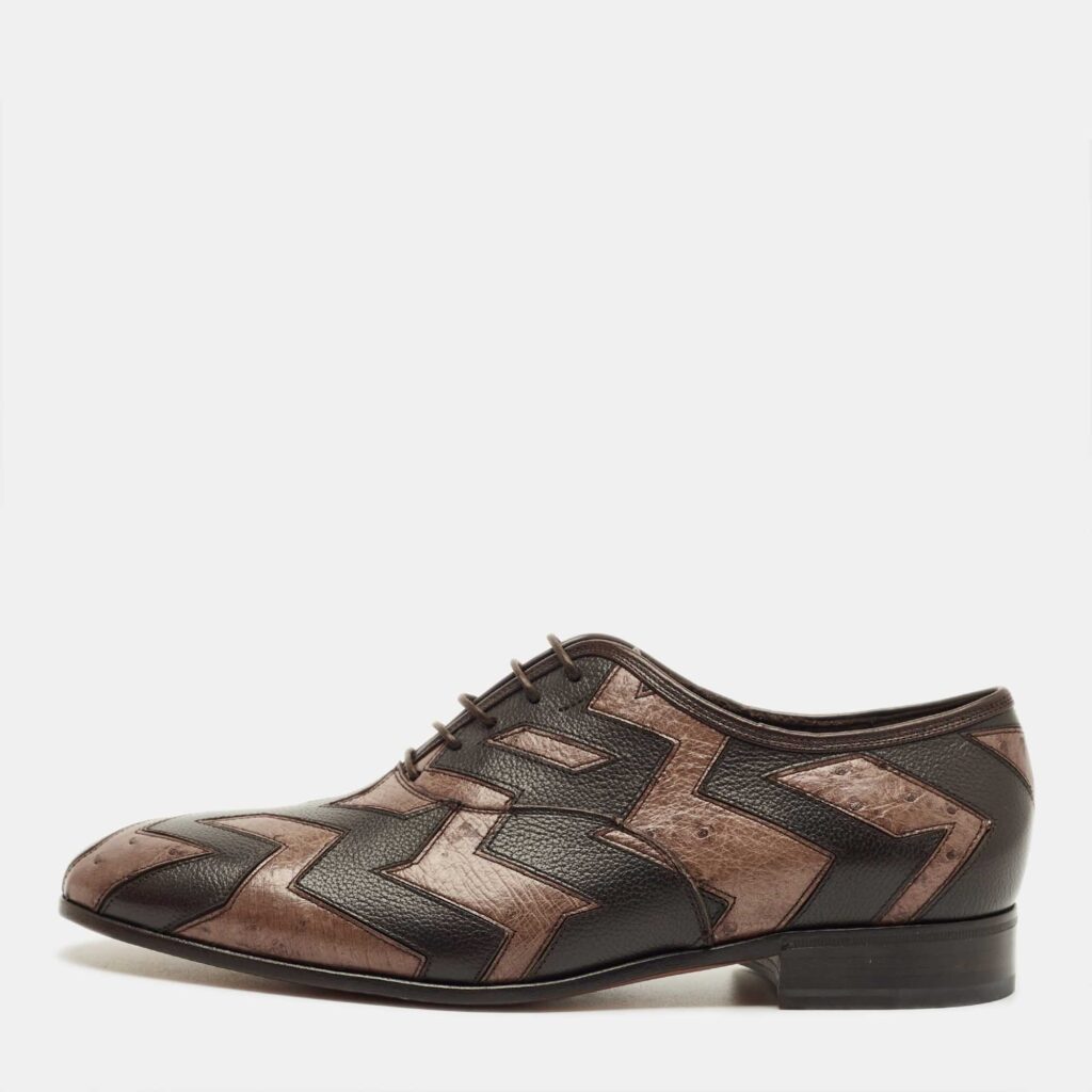 Salvatore Ferragamo Brown Ostrich and Leather Gris Oxfords Size 41