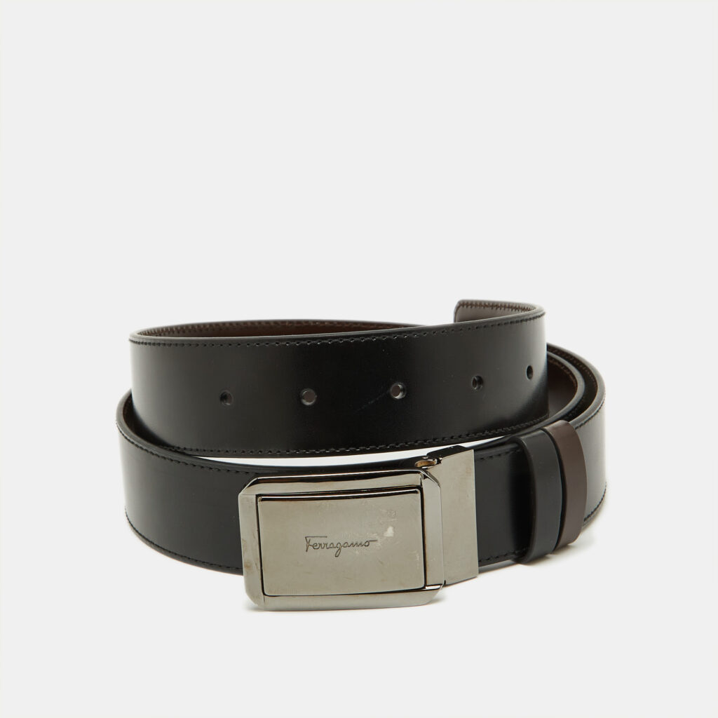 Salvatore Ferragamo Black/Dark Brown Leather Cut to Size Buckle Belt Salvatore Ferragamo Black/Dark Brown Leather Cut to Size Buckle Belt