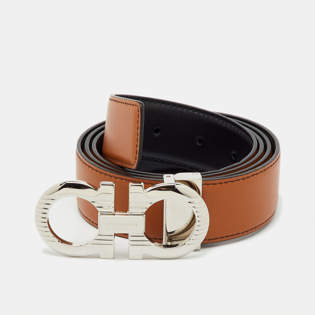 luxury-men-salvatore-ferragamo-used-accessories-p1224828-001-1.jpg Salvatore Ferragamo Brown/Black Leather Gancini Buckle Reversible Cut to Size Belt