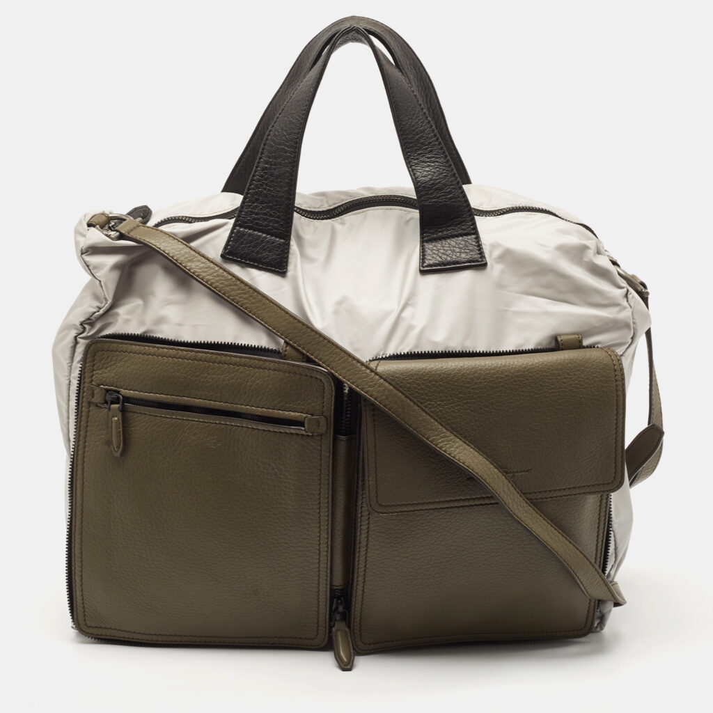 Salvatore Ferragamo Olive Green/Grey Leather and Nylon Pocket Tote Salvatore Ferragamo Olive Green/Grey Leather and Nylon Pocket Tote