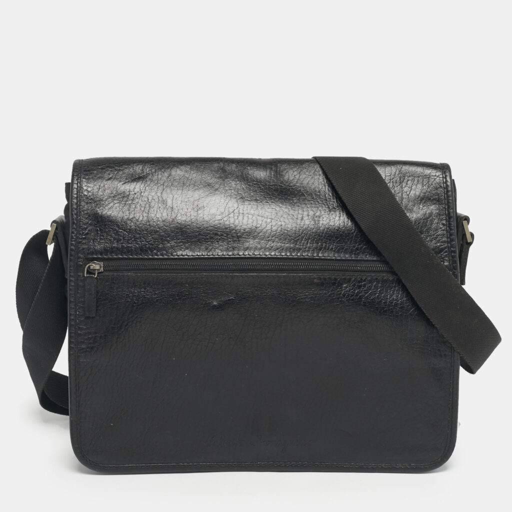 Salvatore Ferragamo Black Leather and Nylon Flap Messenger Bag