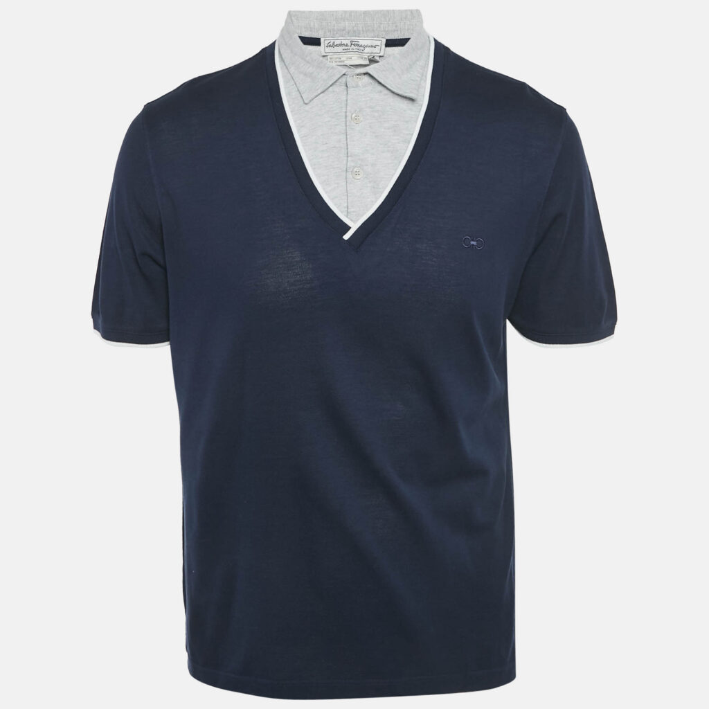 Salvatore Ferragamo Navy Blue Cotton Pique Polo T-Shirt L