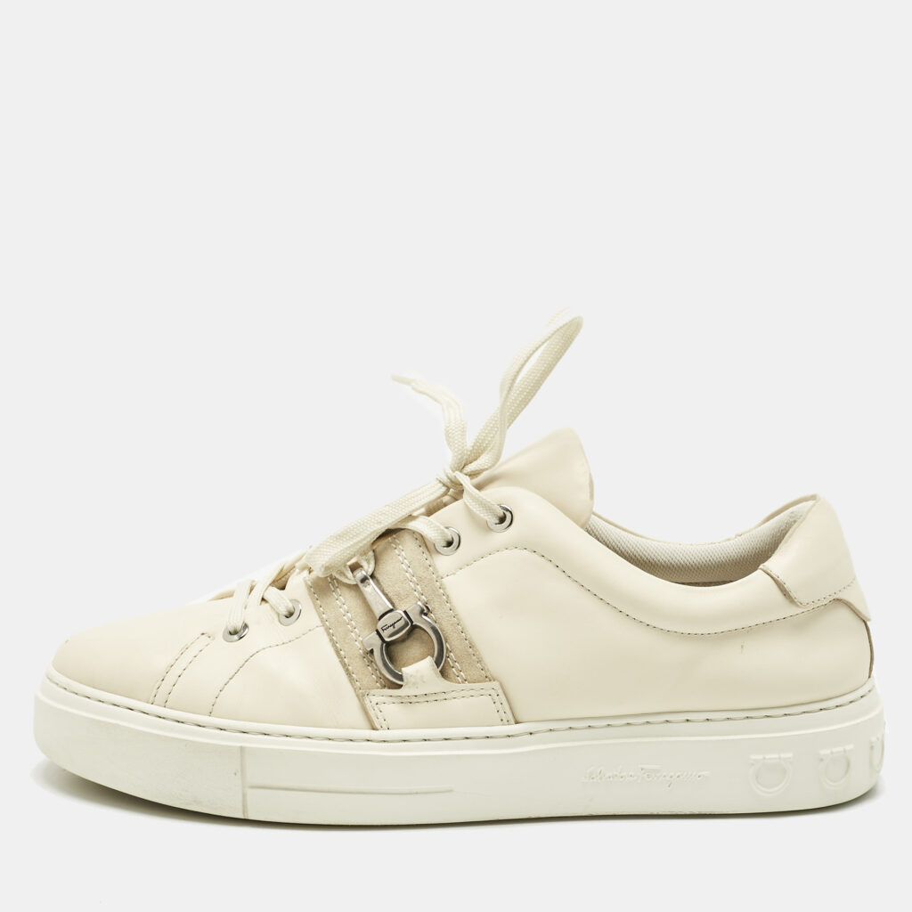 Salvatore Ferragamo Cream Leather and Suede Sultan Low Top Sneakers Size 42.5