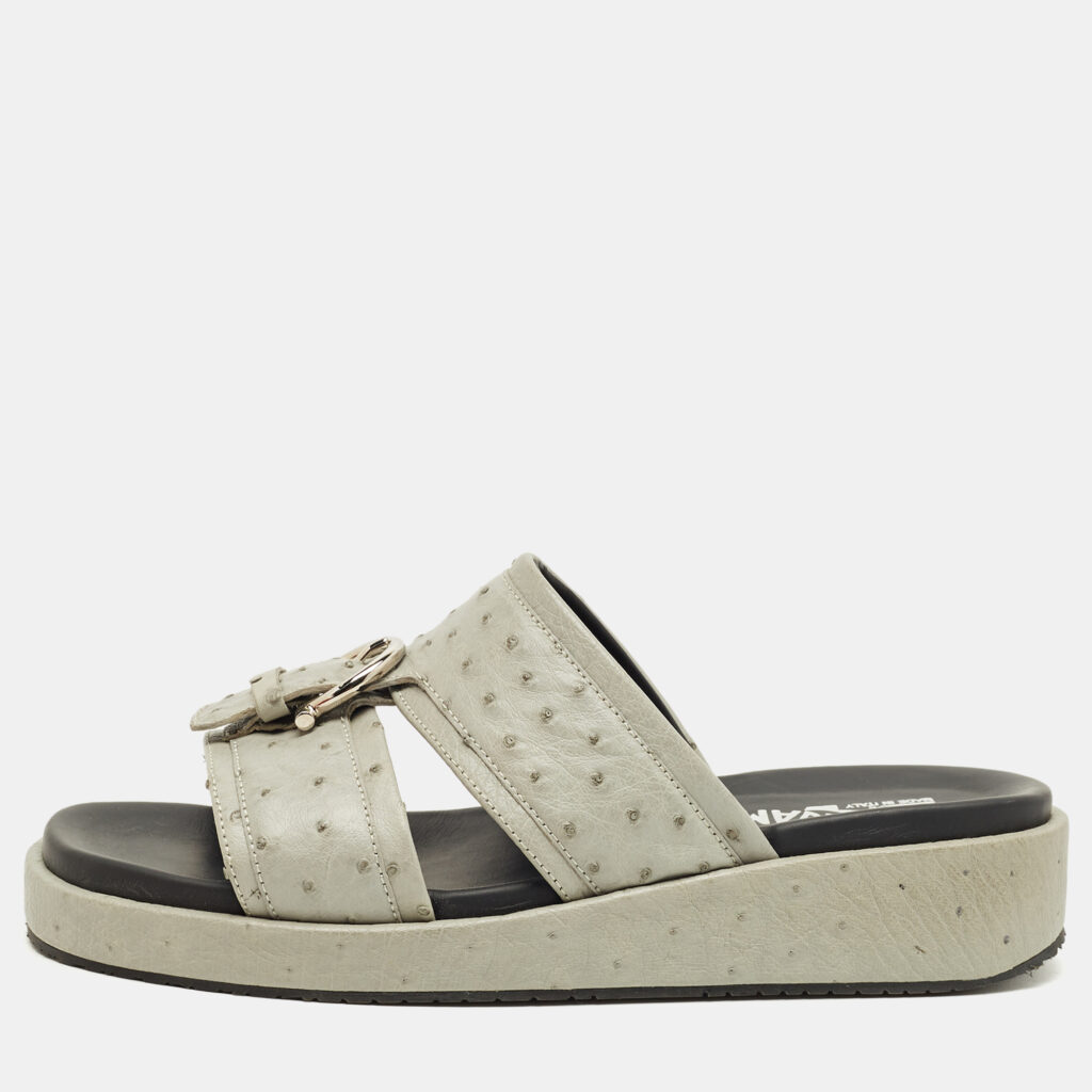 Salvatore Ferragamo Grey Ostrich Lutfi Platform Slide Sandals Size 40.5 Salvatore Ferragamo Grey Ostrich Lutfi Platform Slide Sandals Size 40.5