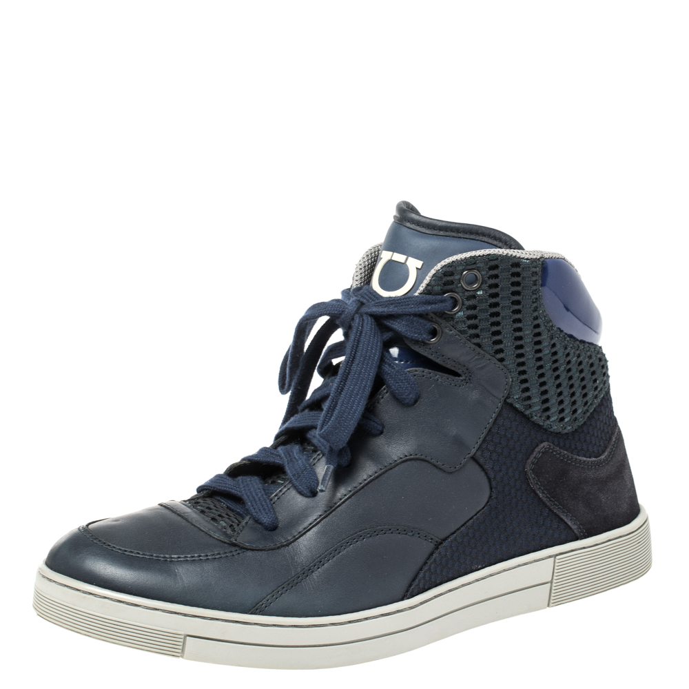 Salvatore Ferragamo Blue Leather and Mesh High Top Sneakers Size 41 Salvatore Ferragamo Blue Leather and Mesh High Top Sneakers Size 41