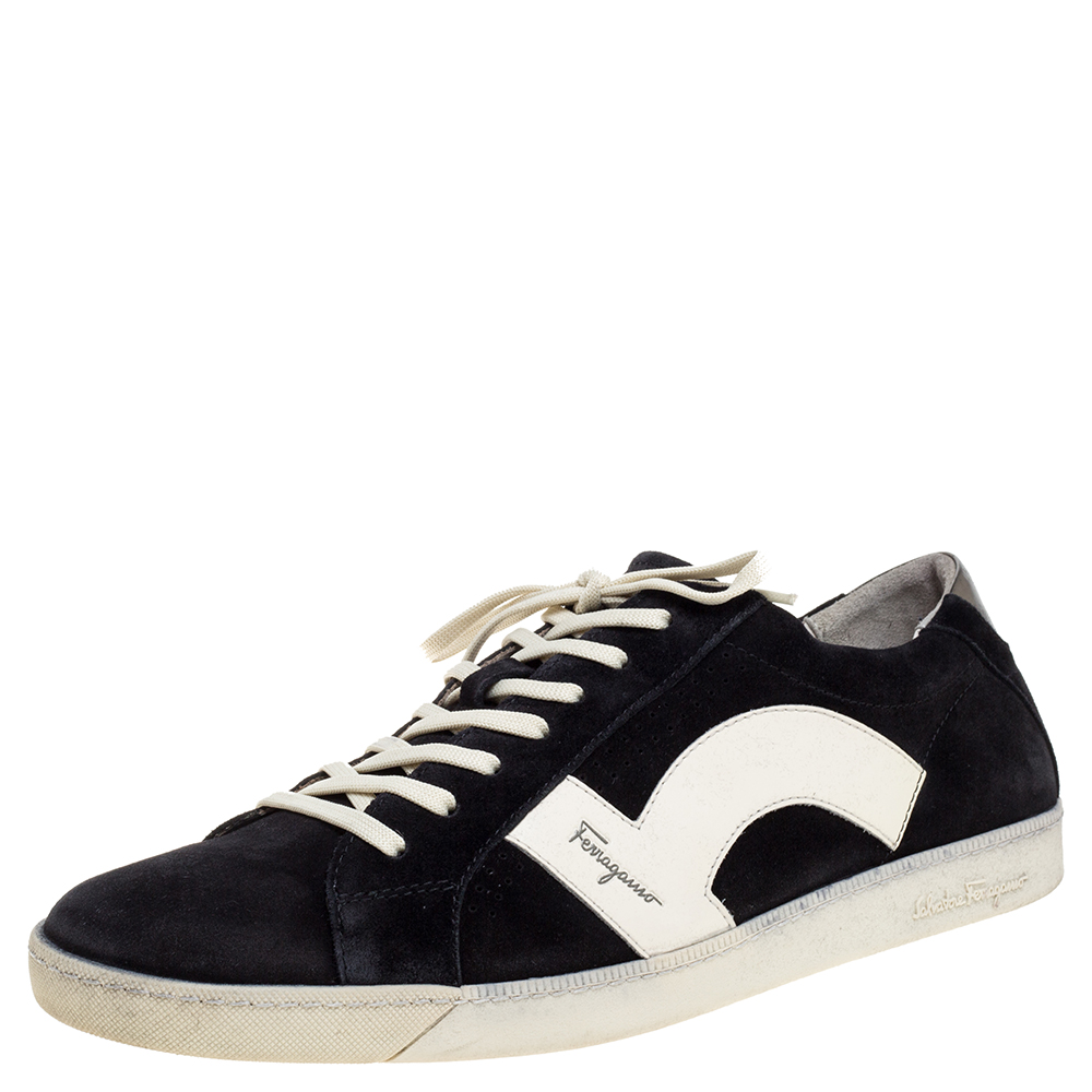 Salvatore Ferragamo Black/White Leather and Suede Low Top Sneakers Size 45 Salvatore Ferragamo Black/White Leather and Suede Low Top Sneakers Size 45