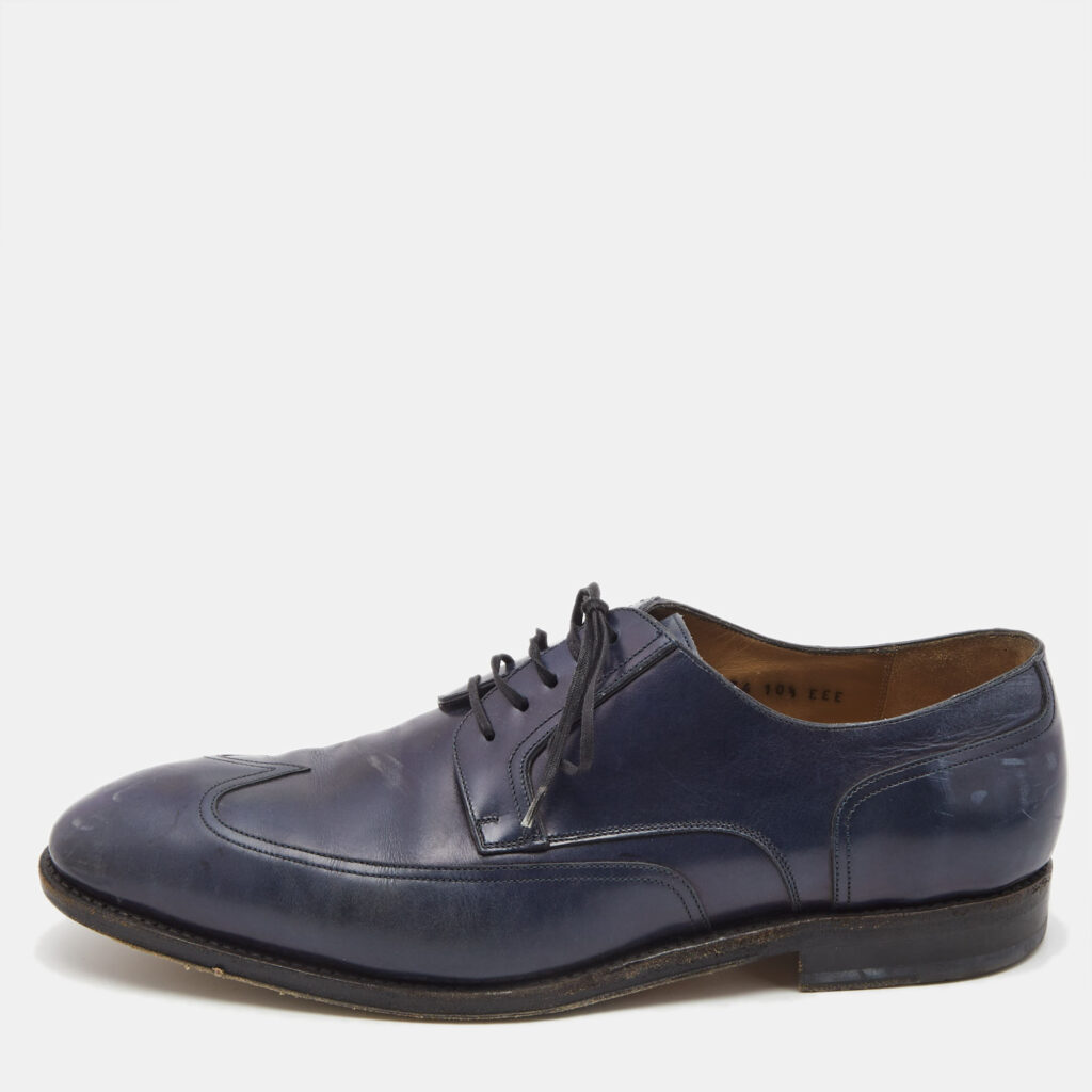 Salvatore Ferragamo Navy Blue Brogue Leather Lace Up Derby Size 44.5