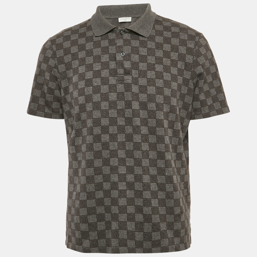 Sandro Grey Check Print Cotton Pique Polo T-Shirt L