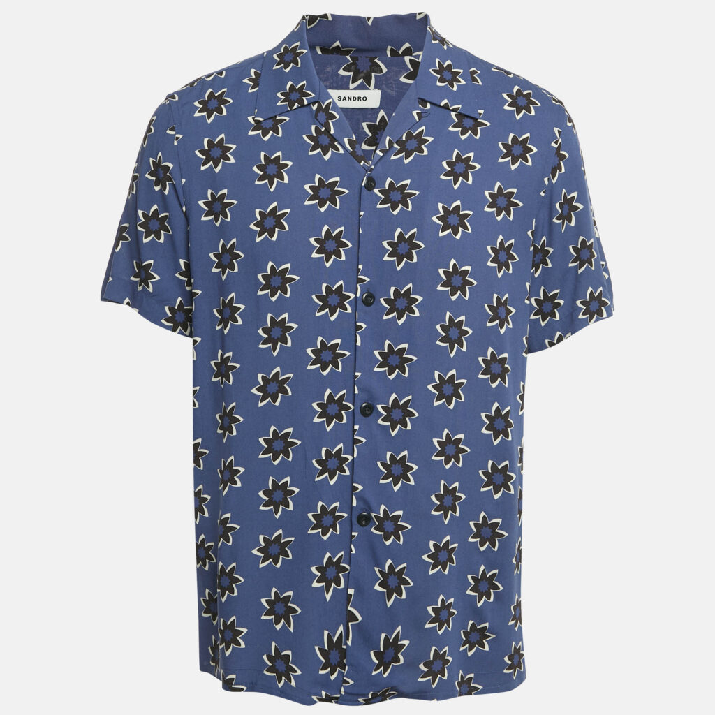 Sandro Blue Floral Print Viscose Half Sleeve Shirt L Sandro Blue Floral Print Viscose Half Sleeve Shirt L