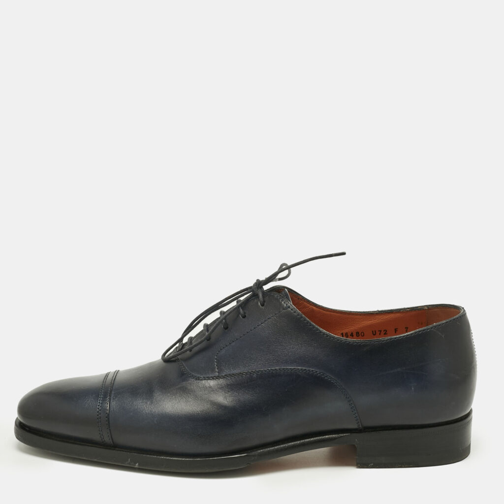 Santoni Navy Blue Leather Goodyear Oxfords Size 41