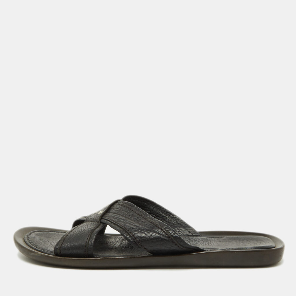 Sergio Rossi Black Leather Cross Strap Flat Sandals Size 44.5