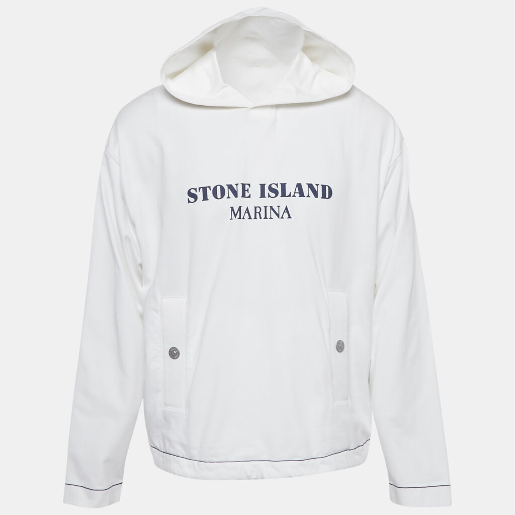Stone Island White Cotton Knit Logo Printed Hoodie M Stone Island White Cotton Knit Logo Printed Hoodie M