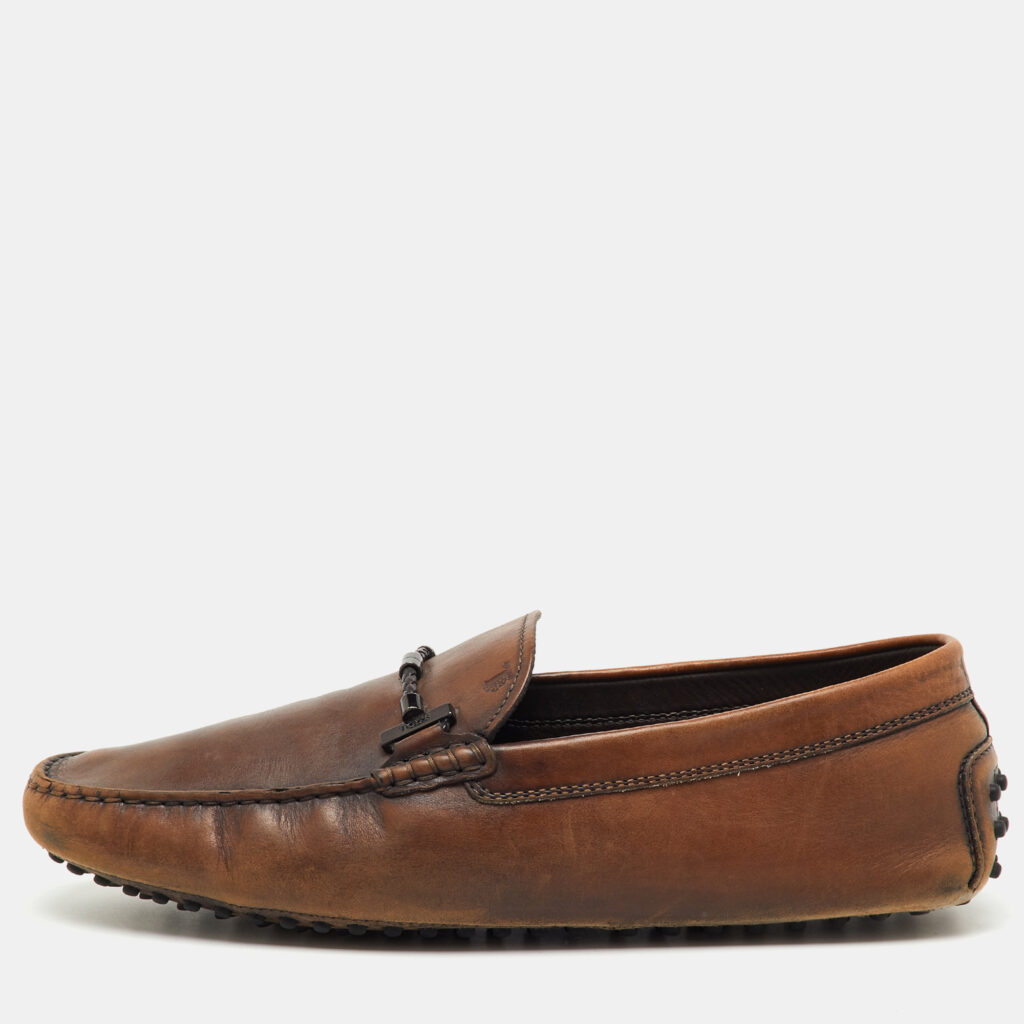 luxury-men-tods-used-shoes-p1220791-001-1.jpg Tod's Dark Brown Leather Slip On Driving Loafers Size 45