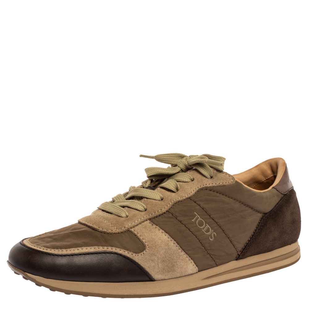 Tod's Brown/Green Nylon, Leather and Suede Low Top Sneakers Size 44 Tod's Brown/Green Nylon, Leather and Suede Low Top Sneakers Size 44
