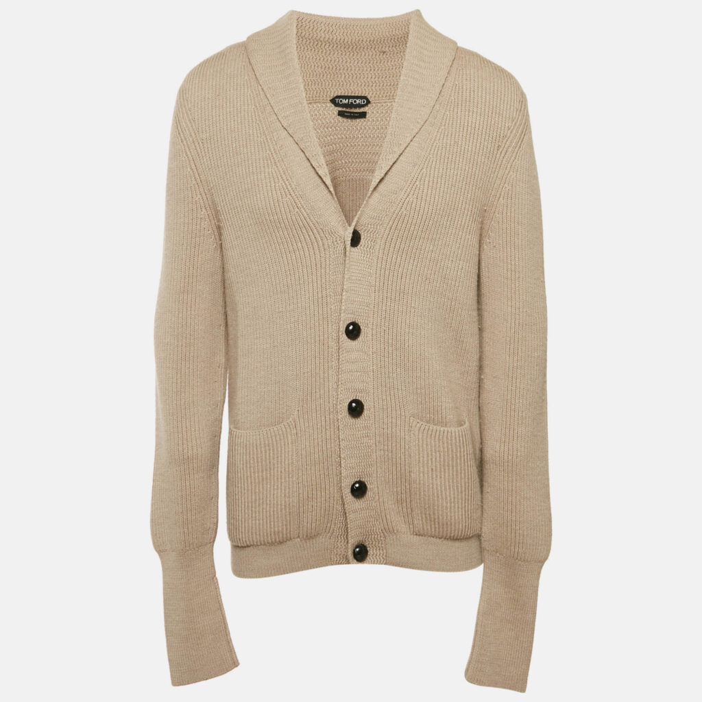 Tom Ford Beige Button Front Wool Rib Knit Long Cardigan XL