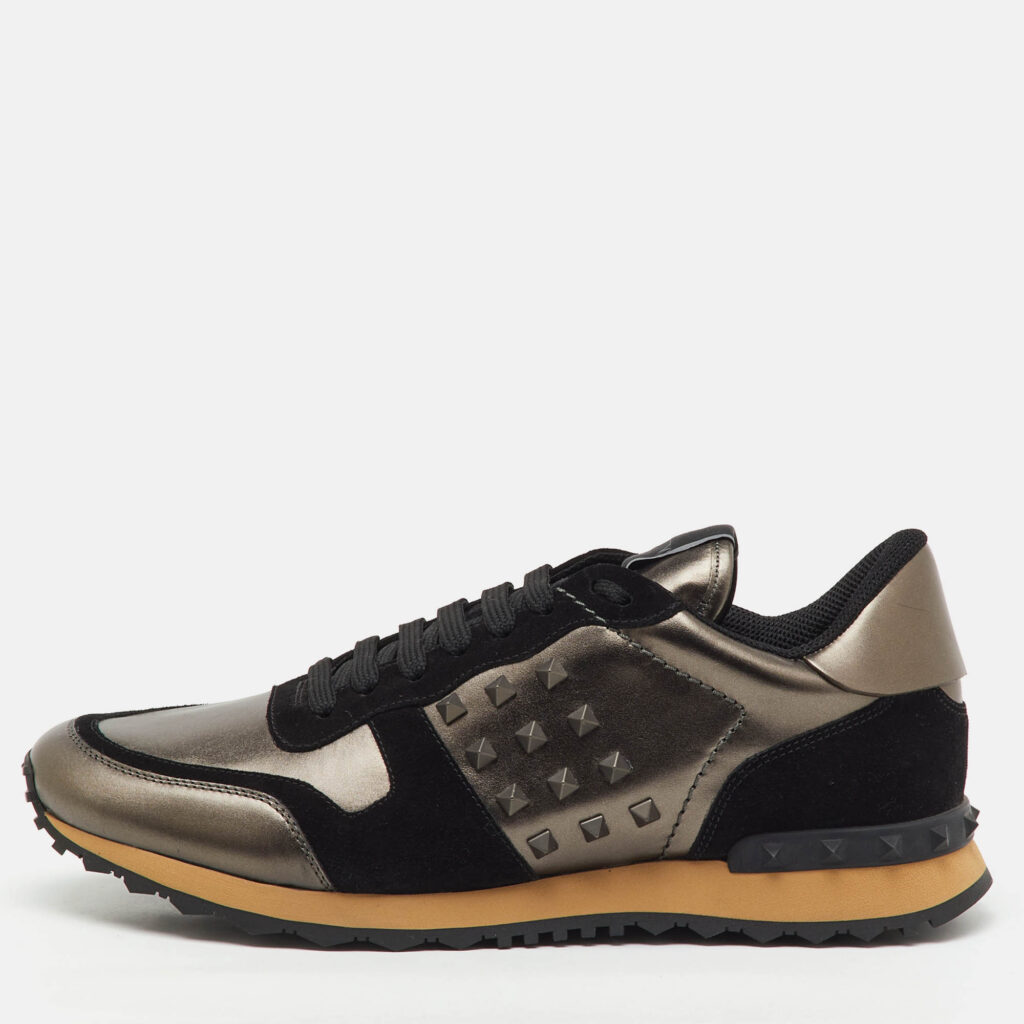 Valentino Black/Metallic Leather and Suede Rockrunner Low Top Sneakers Size 45