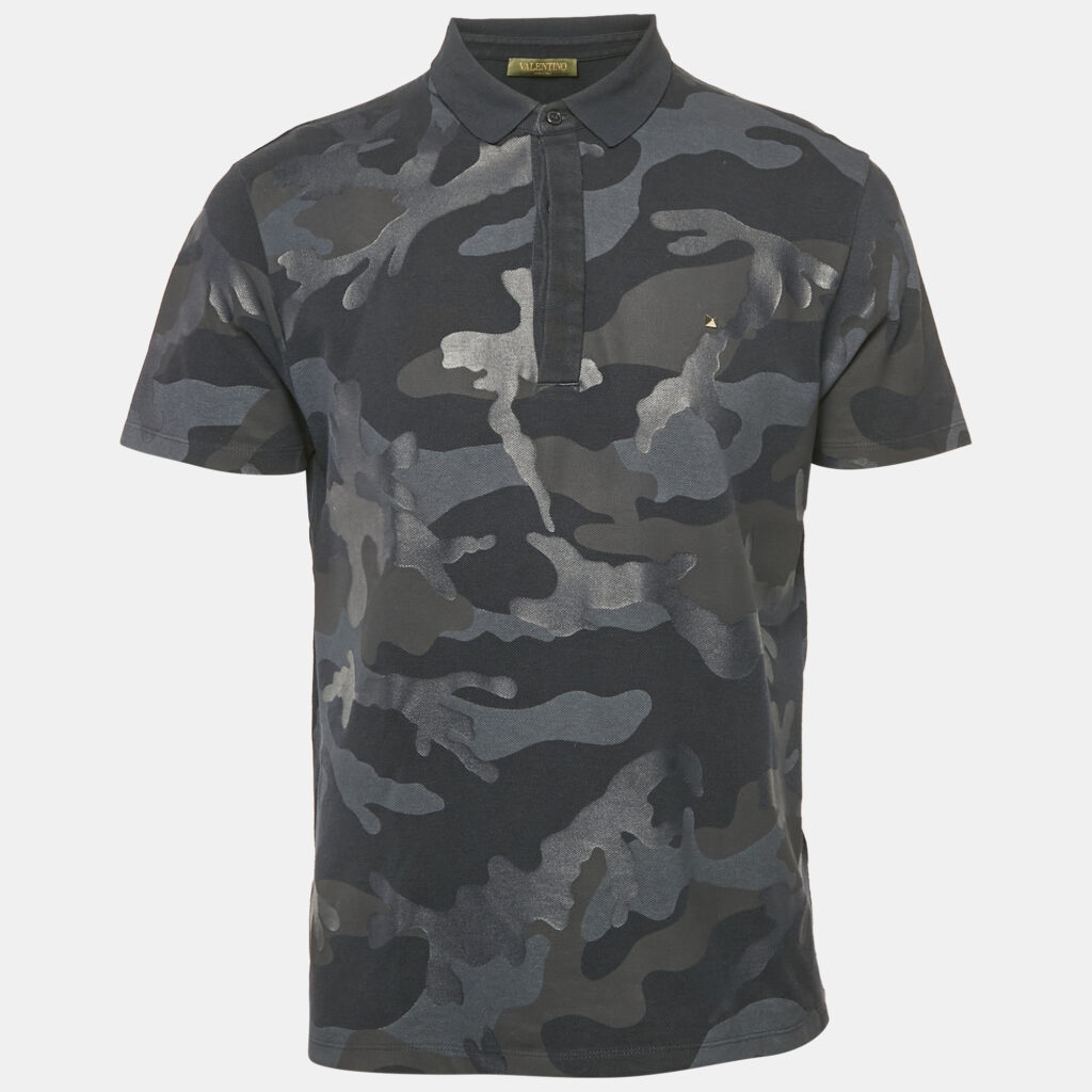 Valentino Navy Blue Camouflage Print Cotton Pique Polo T-Shirt M