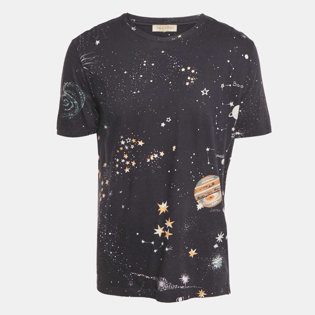 Valentino Navy Blue Cosmo Print Cotton Crew Neck T Shirt L