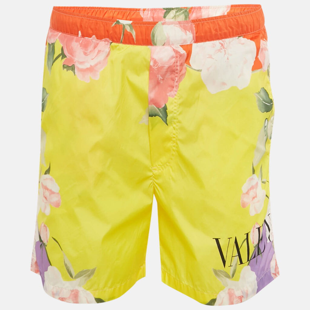 Valentino Yellow Flying Flower Print Nylon Swim Shorts S
