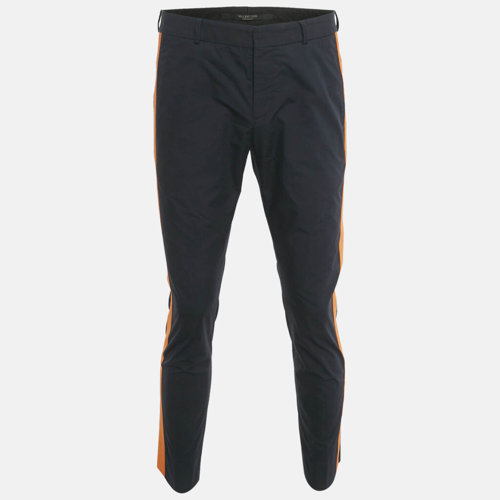 Valentino Navy Blue & Mandarin Orange Cotton Stripe Detail Trousers M Valentino Navy Blue & Mandarin Orange Cotton Stripe Detail Trousers M