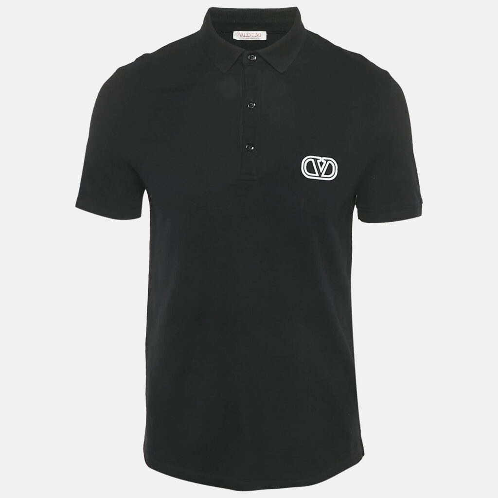 Valentino Black Cotton Logo Embroidered Cotton Polo T-Shirt M