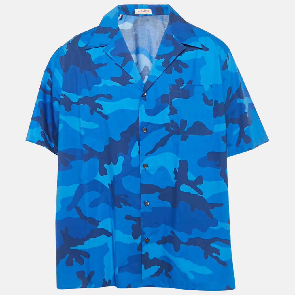 Valentino Blue Camouflage Print Cotton Shirt L