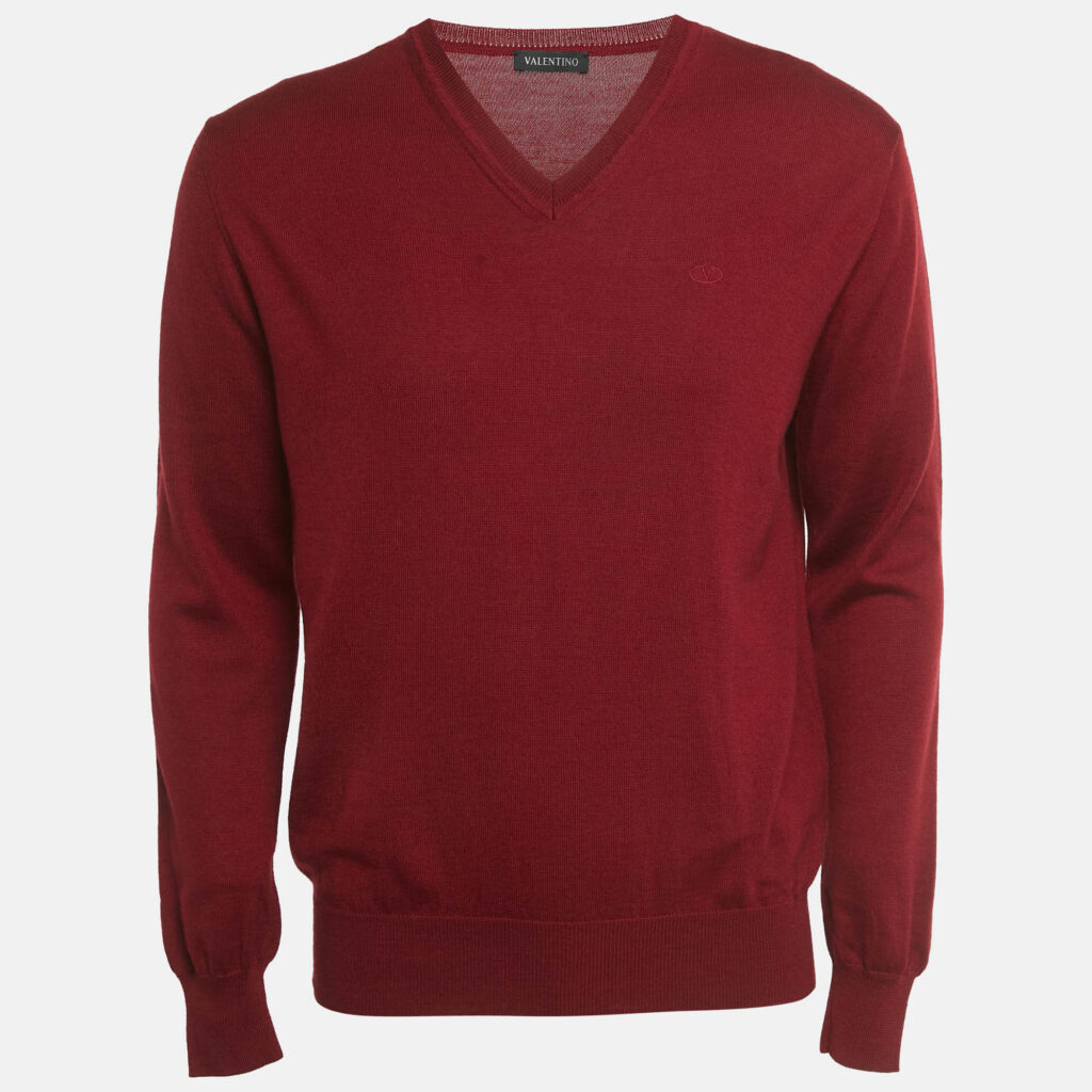 Valentino Burgundy Logo Embroidered Wool Blend V-Neck Jumper L Valentino Burgundy Logo Embroidered Wool Blend V-Neck Jumper L