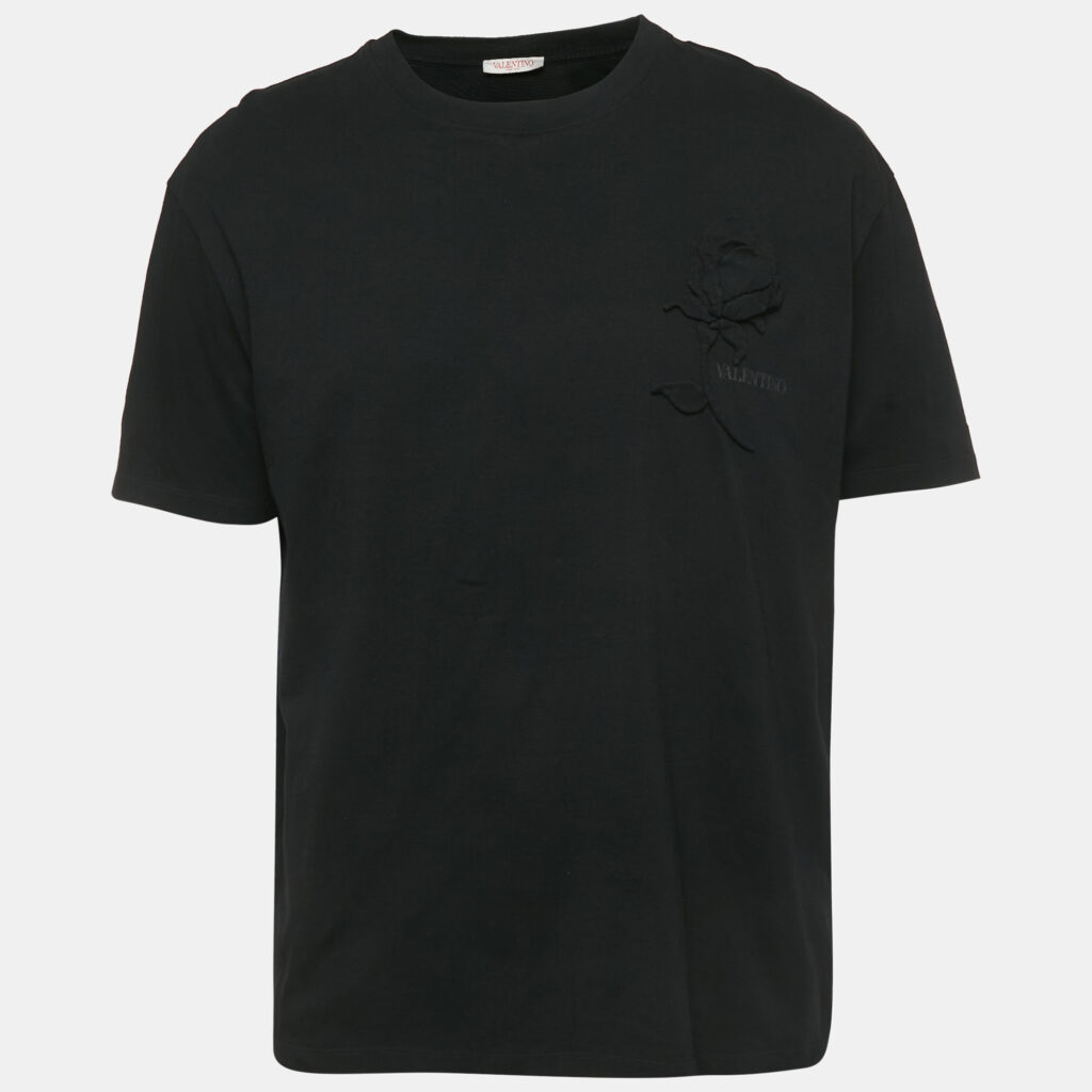 luxury-men-valentino-used-clothes-p1241955-005.jpg Valentino Black Floral Applique Jersey T-Shirt XXXL