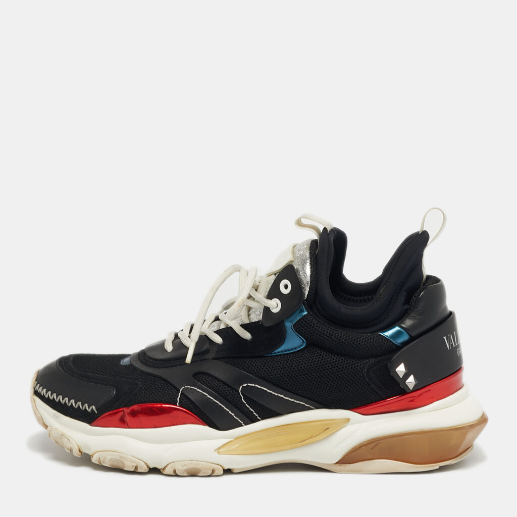 Valentino Black Leather and Mesh Bounce socks Lace Up Sneakers Size 45