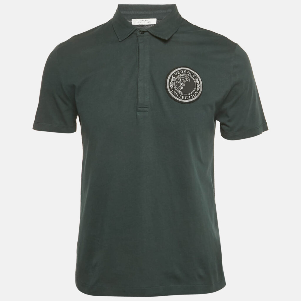 Versace Collection Green Logo Applique Detail Cotton Polo T-Shirt M