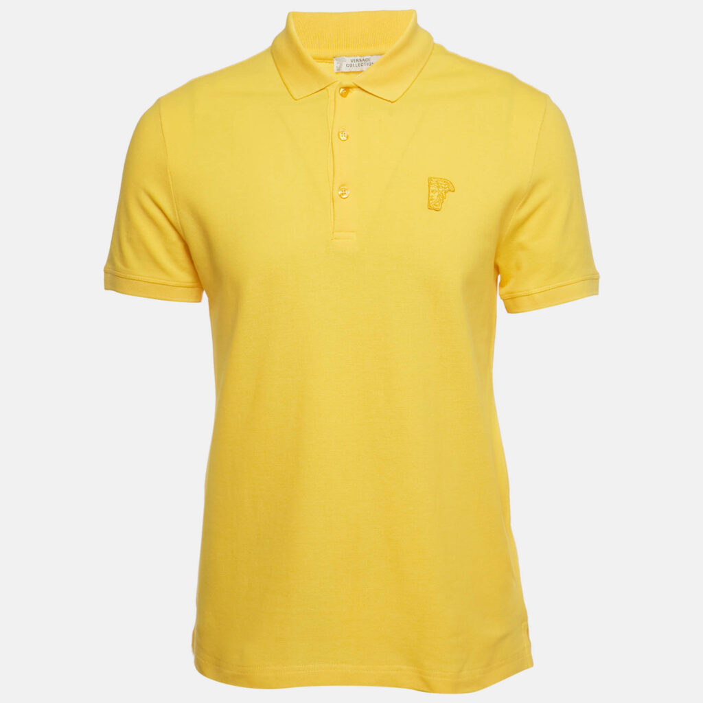 Versace Collection Yellow Medusa Applique Detail Cotton Polo T-Shirt M