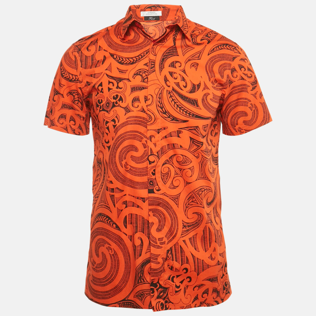 Versace Collection Orange Printed Cotton Trend Shirt S Versace Collection Orange Printed Cotton Trend Shirt S