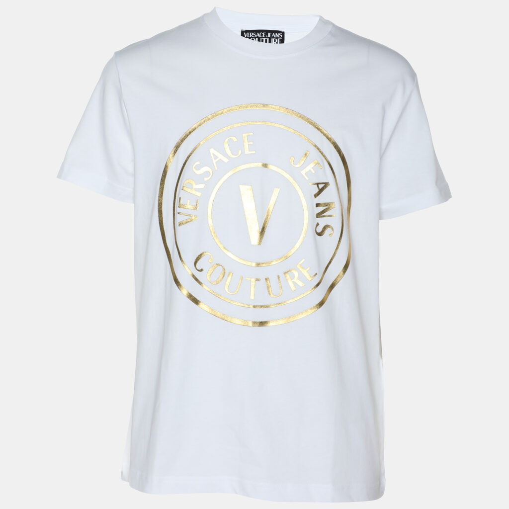Versace Jeans Couture White/Gold Jersey Logo Print T-Shirt L Versace Jeans Couture White/Gold Jersey Logo Print T-Shirt L