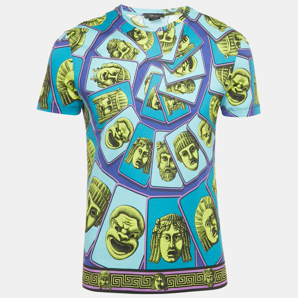 Versace Blue Le Maschere Print Jersey Taylor Fit T-Shirt S Versace Blue Le Maschere Print Jersey Taylor Fit T-Shirt S