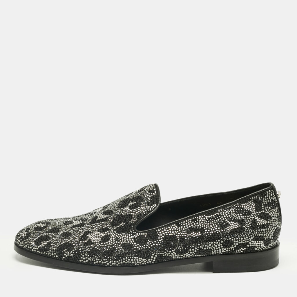 Versace Black/Silver Leather Crystal Embellished Slip On Loafers Size 45 Versace Black/Silver Leather Crystal Embellished Slip On Loafers Size 45