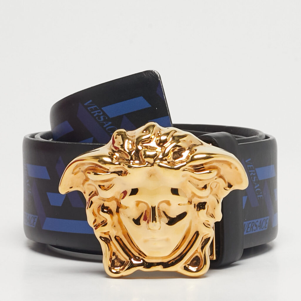 Versace Black/Blue La Greca Print Leather Medusa Head Belt 95CM Versace Black/Blue La Greca Print Leather Medusa Head Belt 95CM