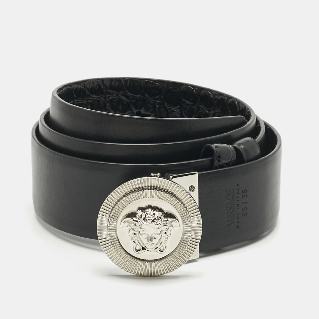 Versace Black Croc Embossed and Leather Medusa Biggie Reversible Belt 95CM