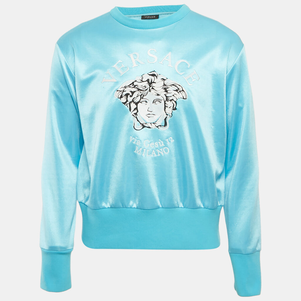 Versace Blue Logo Embroidered Jersey Sweatshirt L Versace Blue Logo Embroidered Jersey Sweatshirt L