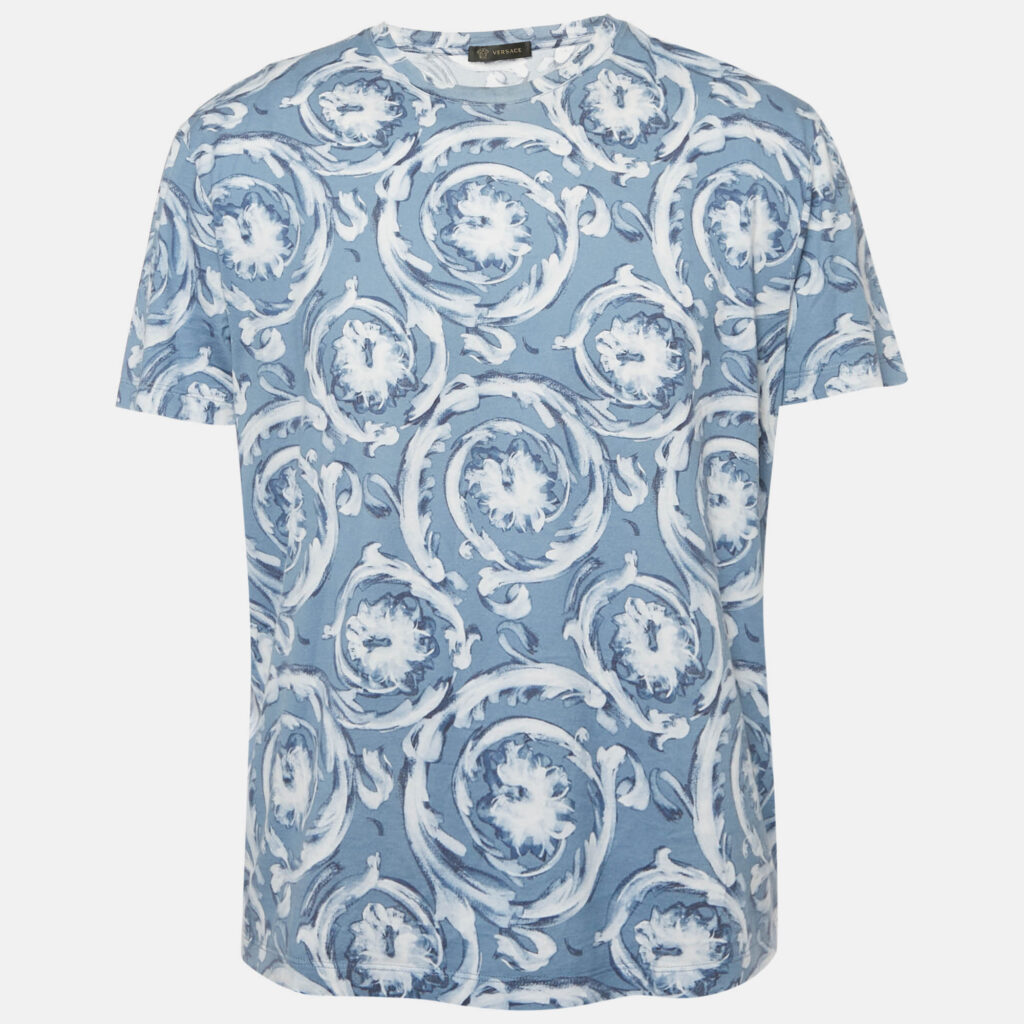 Versace Blue Barocco Print Cotton Crewneck T-Shirt L Versace Blue Barocco Print Cotton Crewneck T-Shirt L