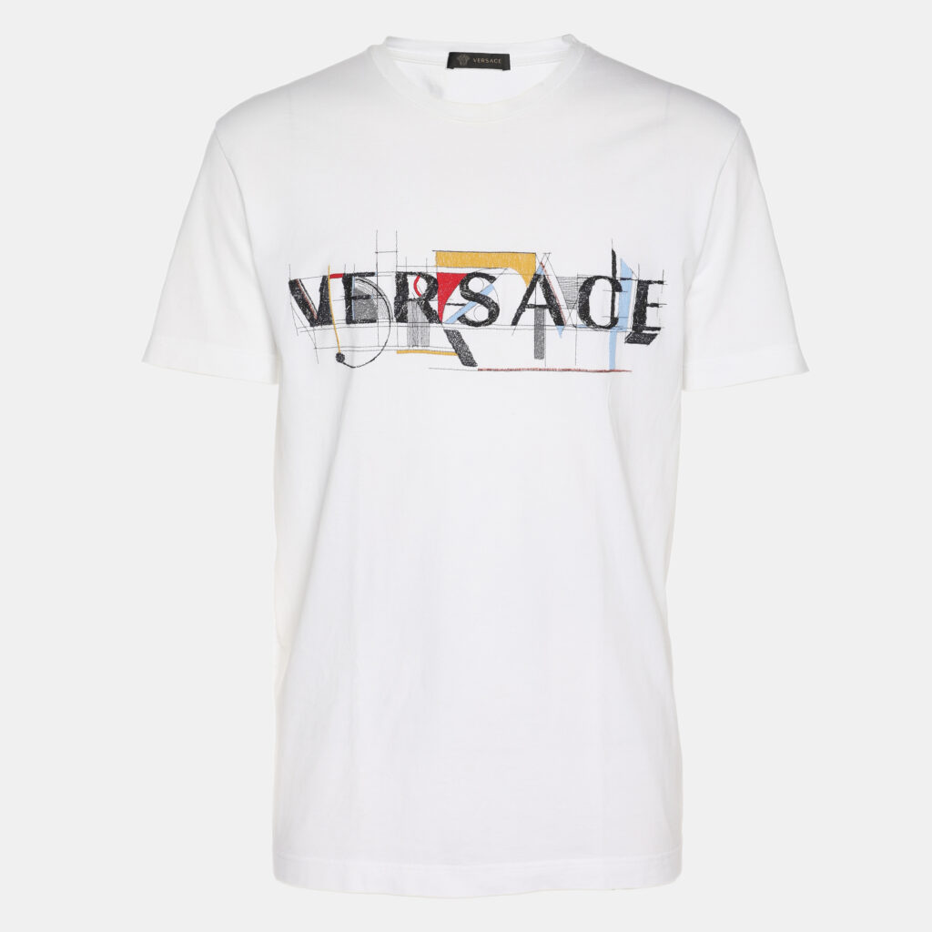 Versace White Logo Embroidered Jersey T-Shirt L