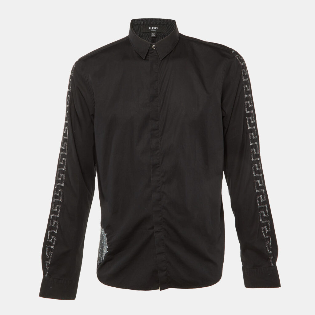 Versus Versace Black Cotton Lion Greca Embroidered Long Sleeve Shirt XL