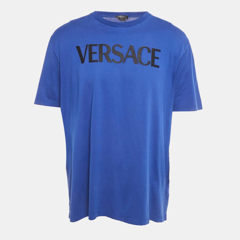 Versace Blue Logo Embroidered Cotton Crew Neck T-Shirt 4XL