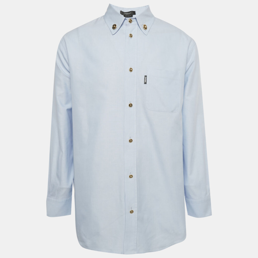 Versace Blue Cotton Medusa Button Heritage Fit Shirt L Versace Blue Cotton Medusa Button Heritage Fit Shirt L