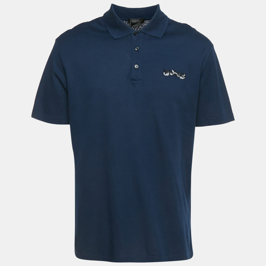 Versace Navy Blue Logo Embroidered Cotton Taylor Fit Polo T-Shirt XXL Versace Navy Blue Logo Embroidered Cotton Taylor Fit Polo T-Shirt XXL