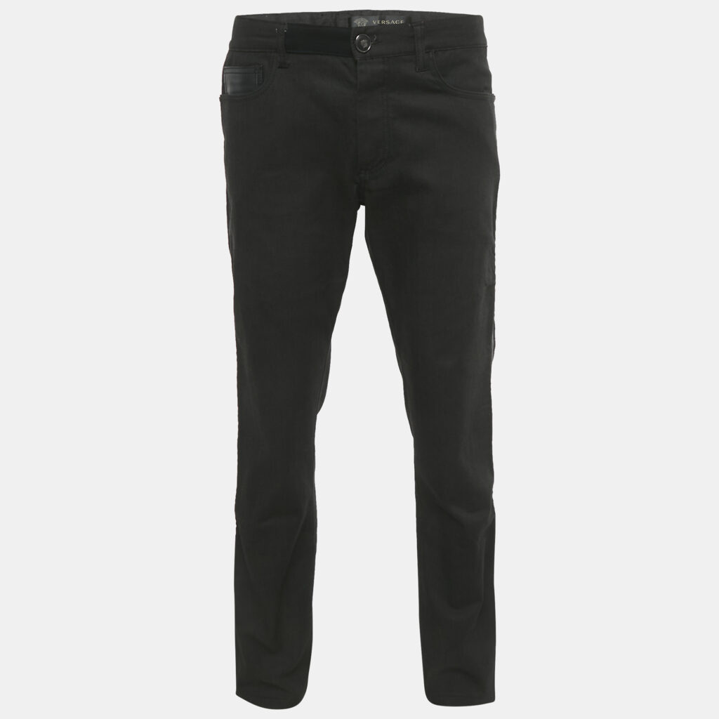 Versace Black Leather Trim Denim Jeans XL/Waist 36" Versace Black Leather Trim Denim Jeans XL/Waist 36"