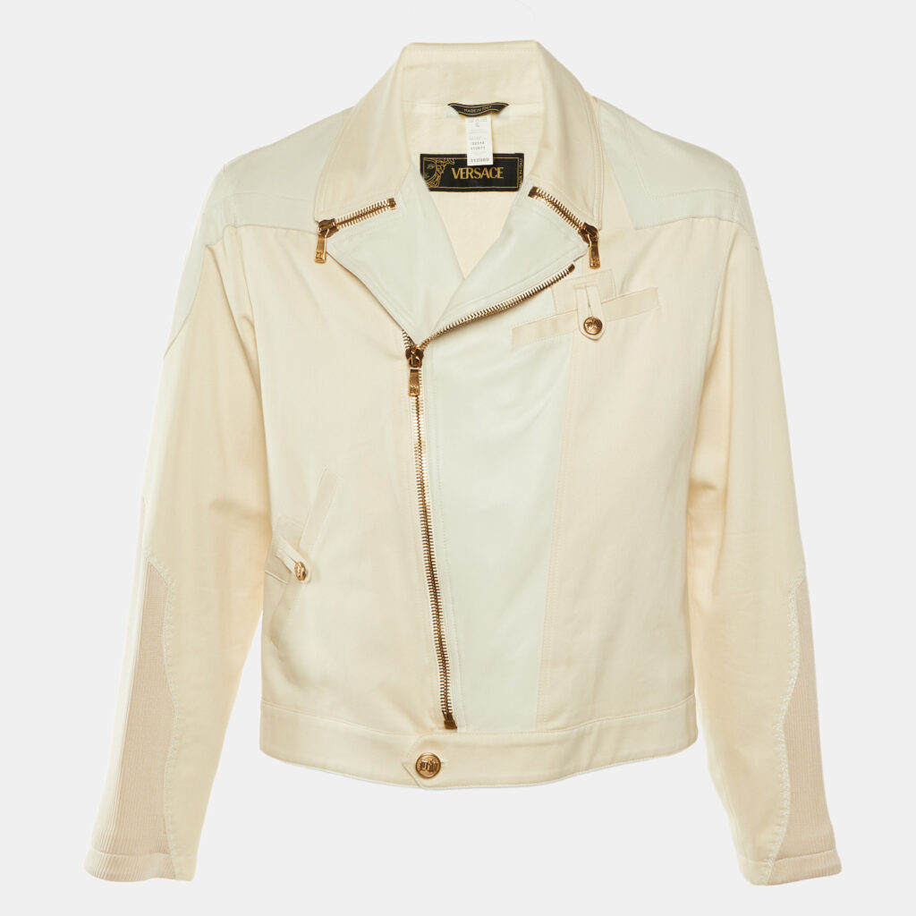 Versace Vintage Cream Leather & Cotton Zip Up Jacket XL Versace Vintage Cream Leather & Cotton Zip Up Jacket XL
