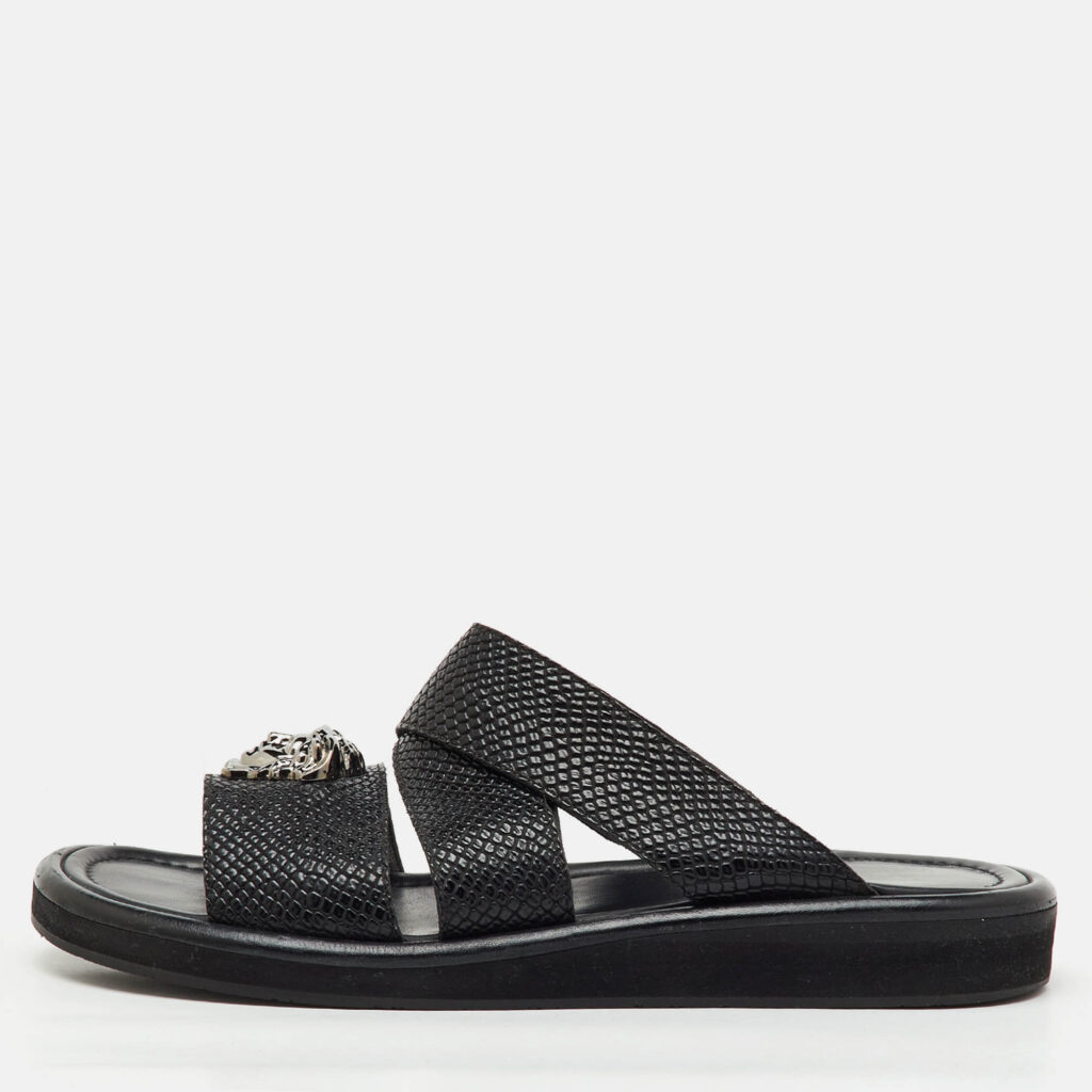 Versace Black Leather Medusa Detail Flat Slide Sandals Size 43