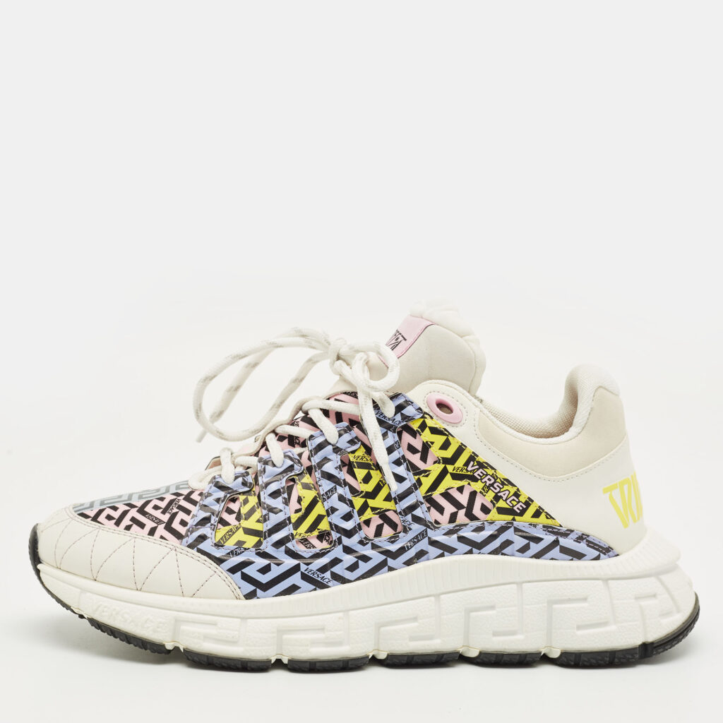 Versace Multicolor Canvas and Leather Trigreca Lace Up Sneakers Size 42 Versace Multicolor Canvas and Leather Trigreca Lace Up Sneakers Size 42